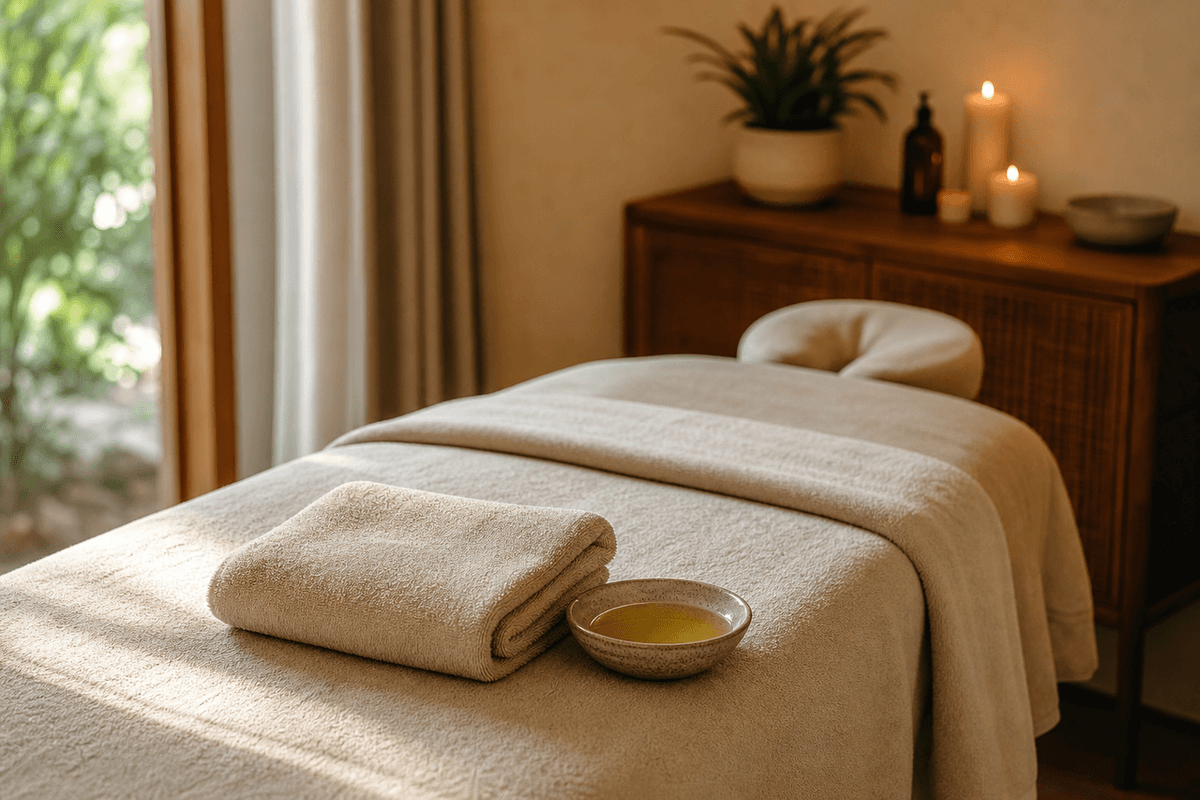 A massage table with folded linen and a small bowl of oil in a quiet, warmly lit treatment room