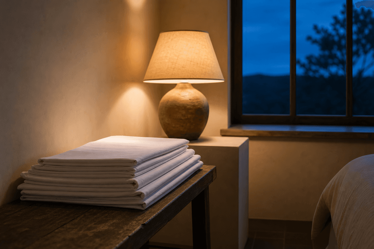 A dimly lit bedroom at dusk with folded linen and a bedside lamp turned low