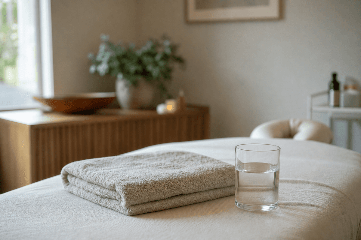 A folded towel and a glass of water on a massage table in a quiet treatment room