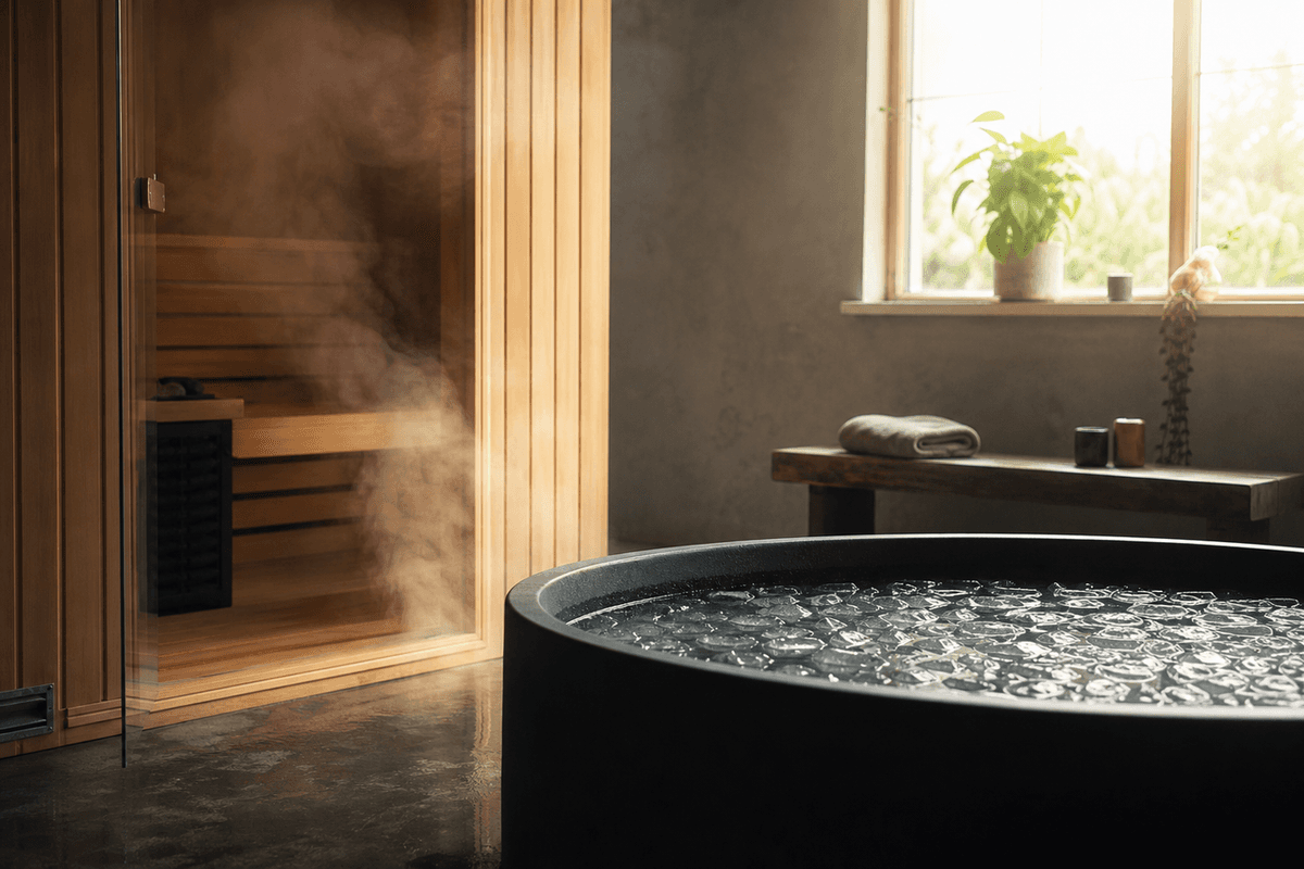 Steam rising beside a cold plunge tub in a quiet studio with early light