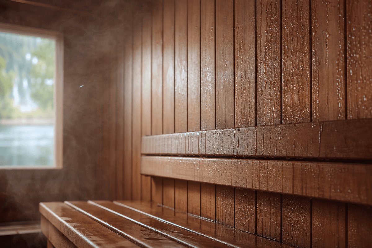 Condensation and water droplets running down the wooden wall of a hot sauna