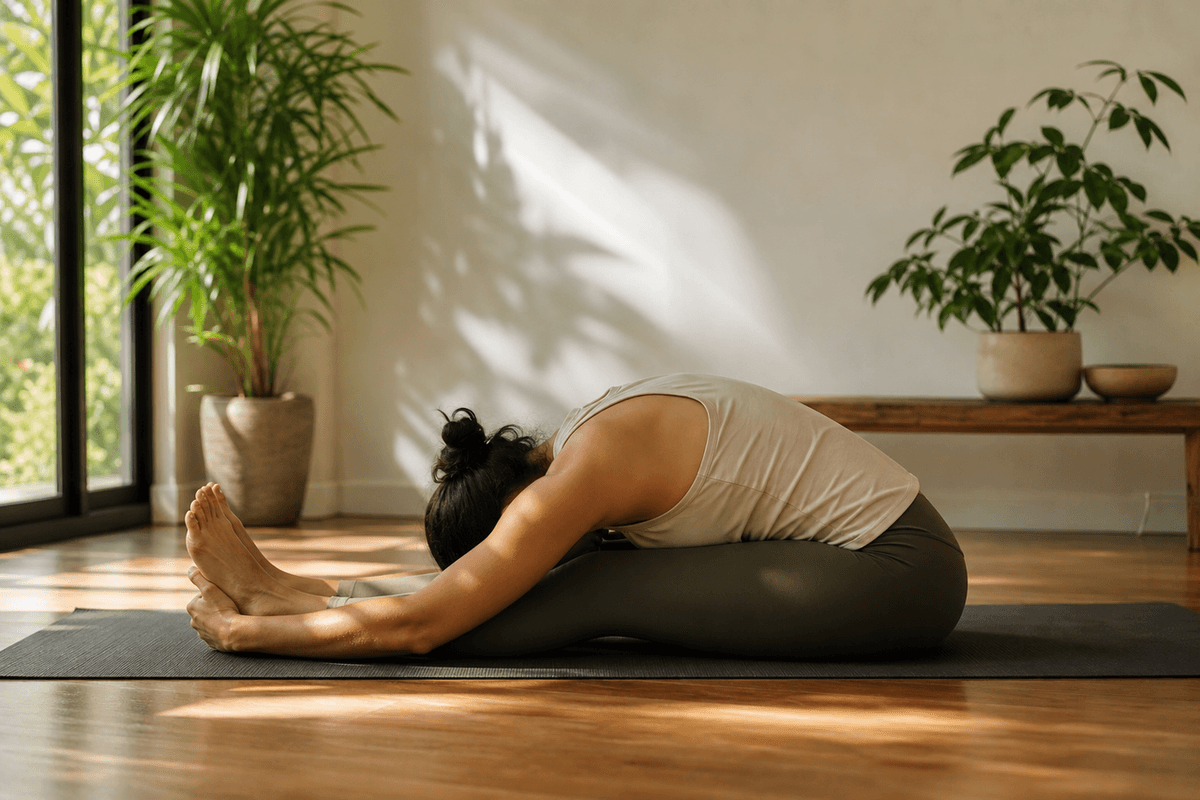 A person on a yoga mat in a gentle seated forward fold in a calm, sunlit room