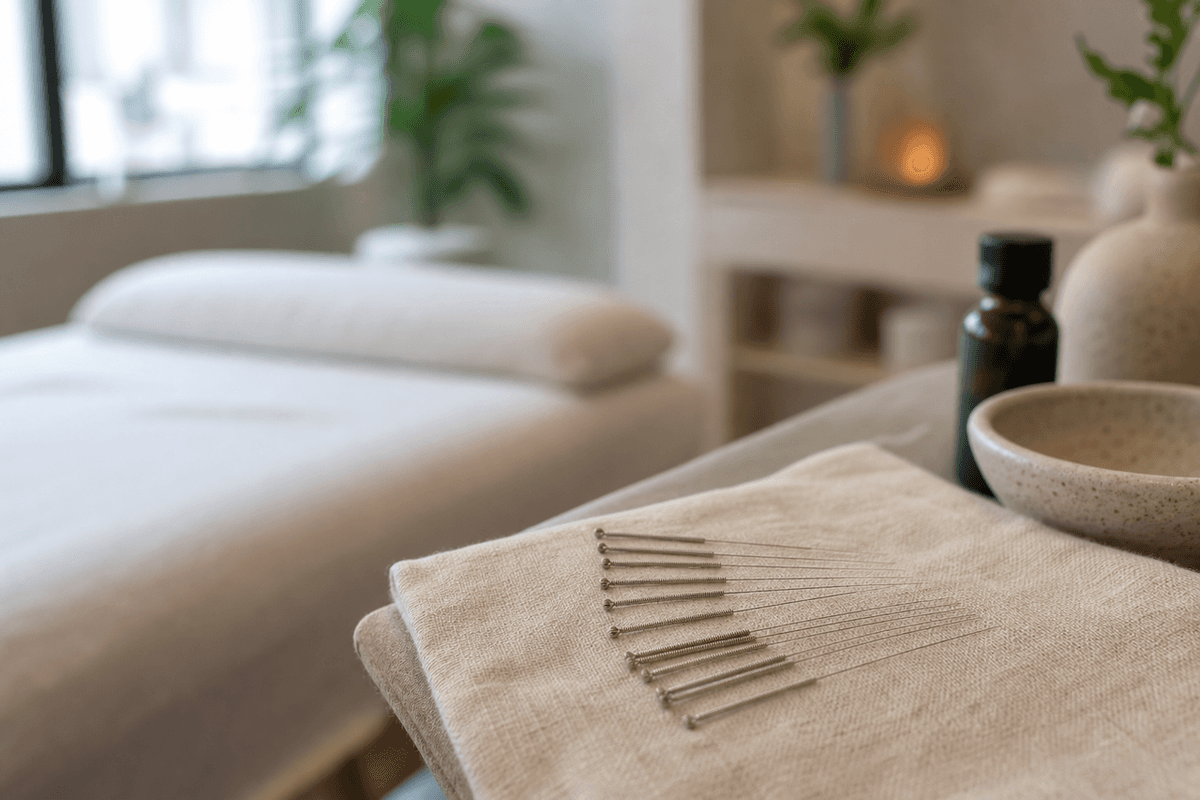 Fine acupuncture needles laid out on a clean cloth beside a treatment table in soft light