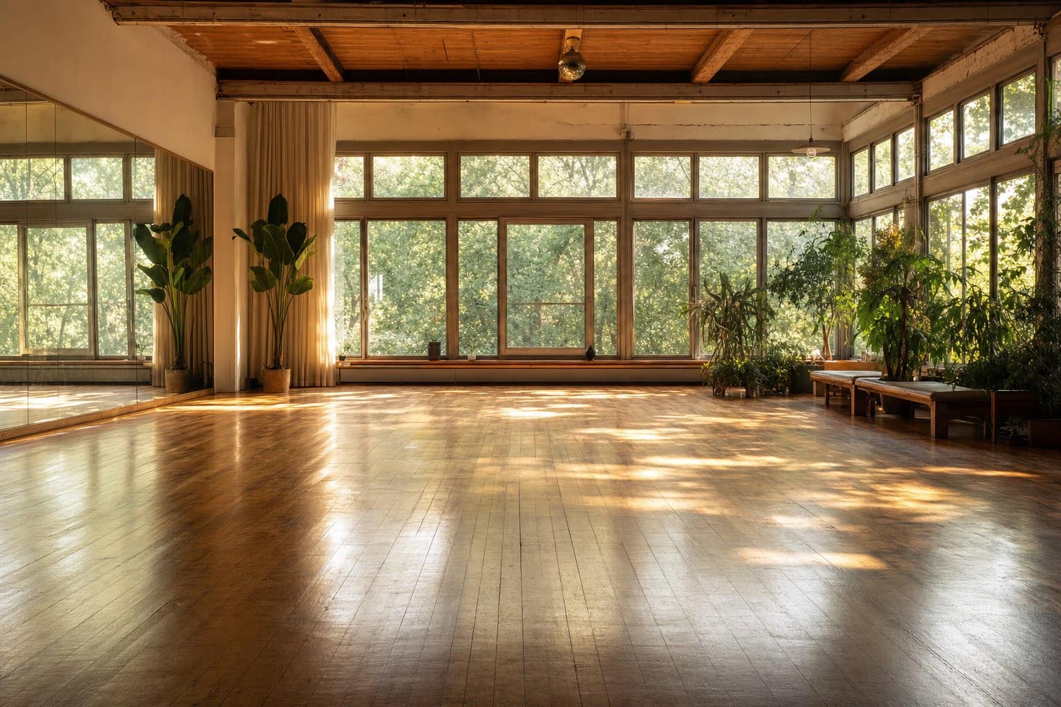 A warmly lit open studio floor set up for free-form dance, no people