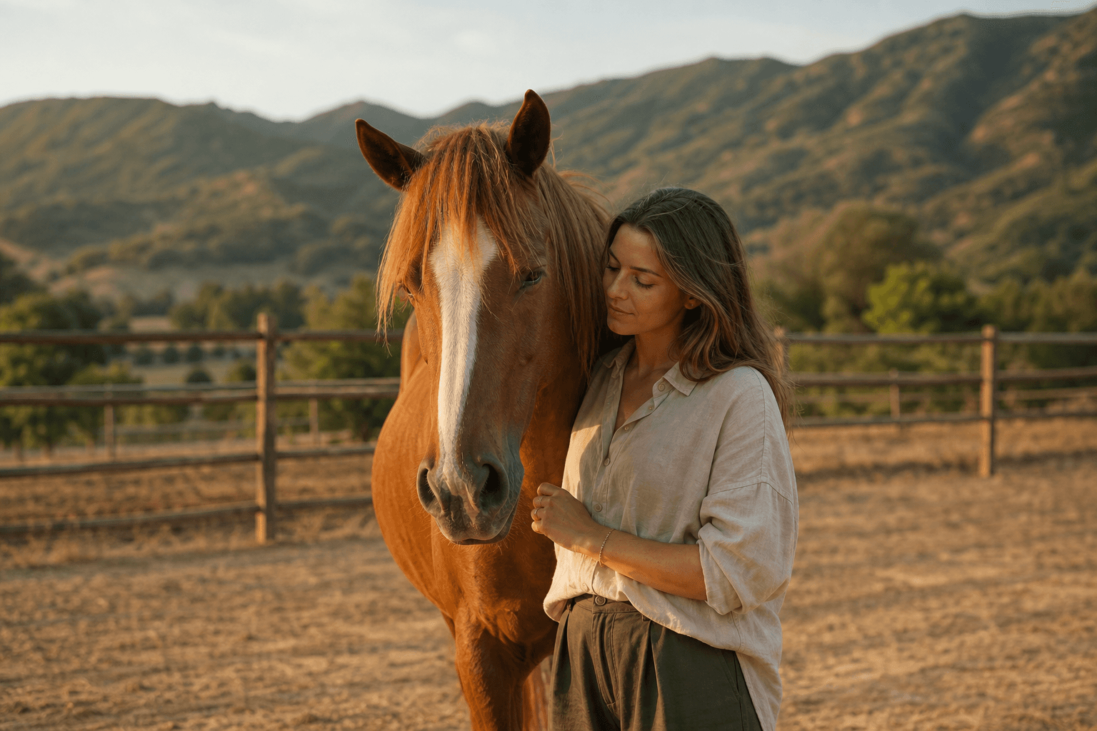 A person standing quietly beside a chestnut horse in a sunlit paddock, gently resting a hand on its neck, green hills in the soft background, warm golden-hour light, calm and grounded mood