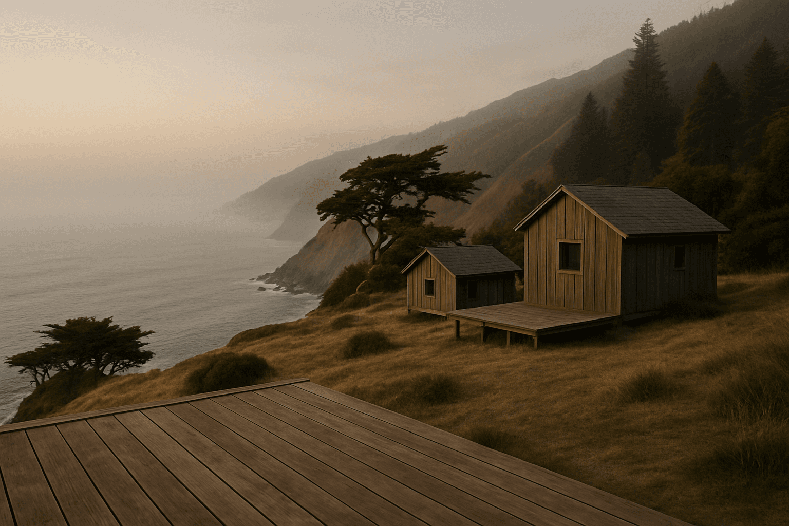 Simple timber cabins and decks on a Big Sur headland above the Pacific at dusk with fog on the water