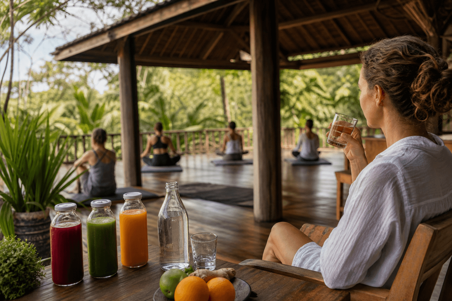 A simple glass of water and a small bowl of broth on a wooden table at a quiet retreat center