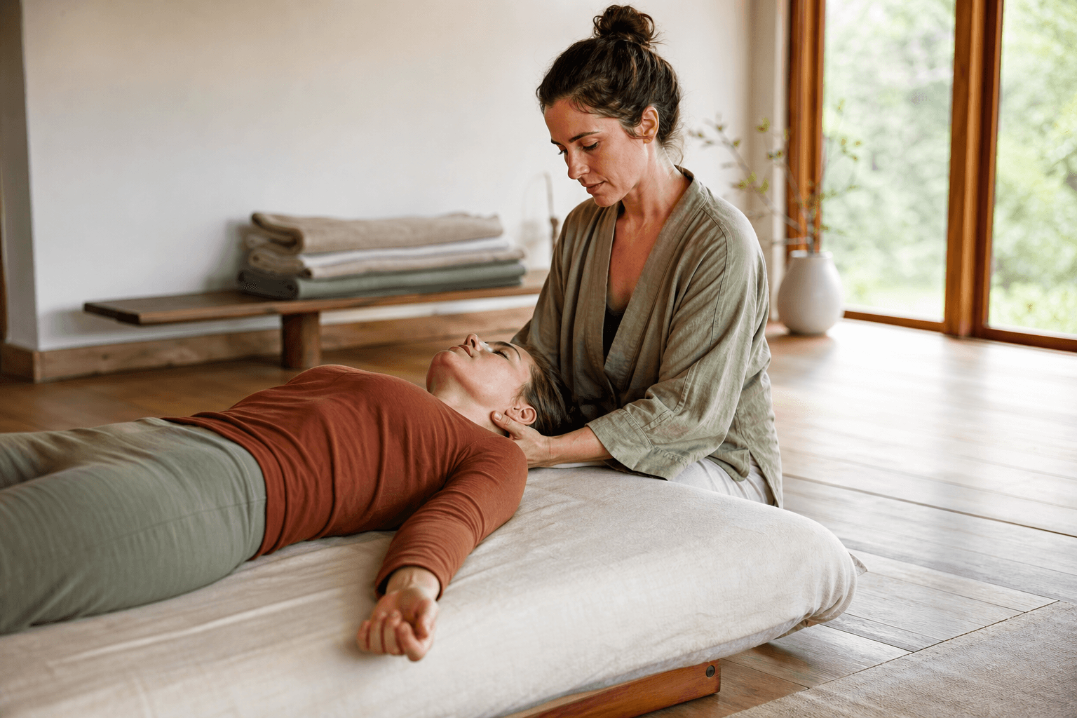 A quiet, wood-floored movement studio with natural light, a practitioner kneeling beside a client lying on a low padded table, both in calm focused postures, minimal decor and a few folded blankets in the background