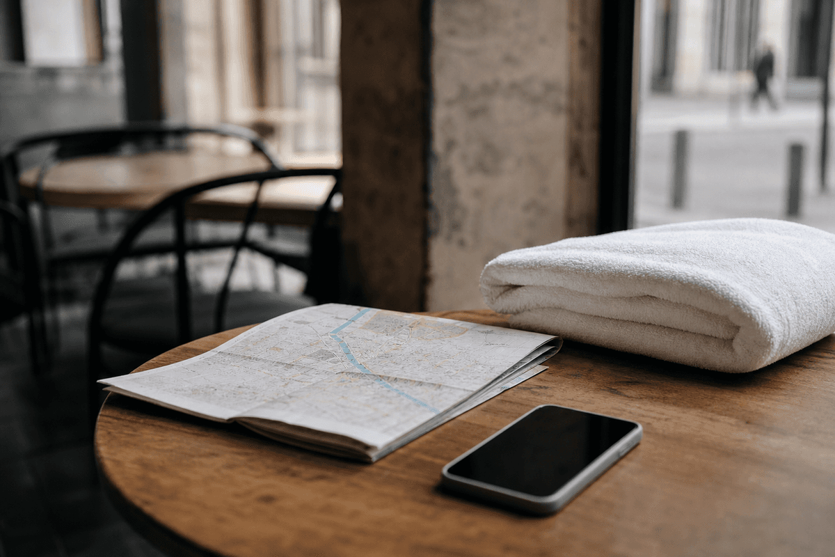 A phone and a paper map on a cafe table beside a folded towel, in an unfamiliar city