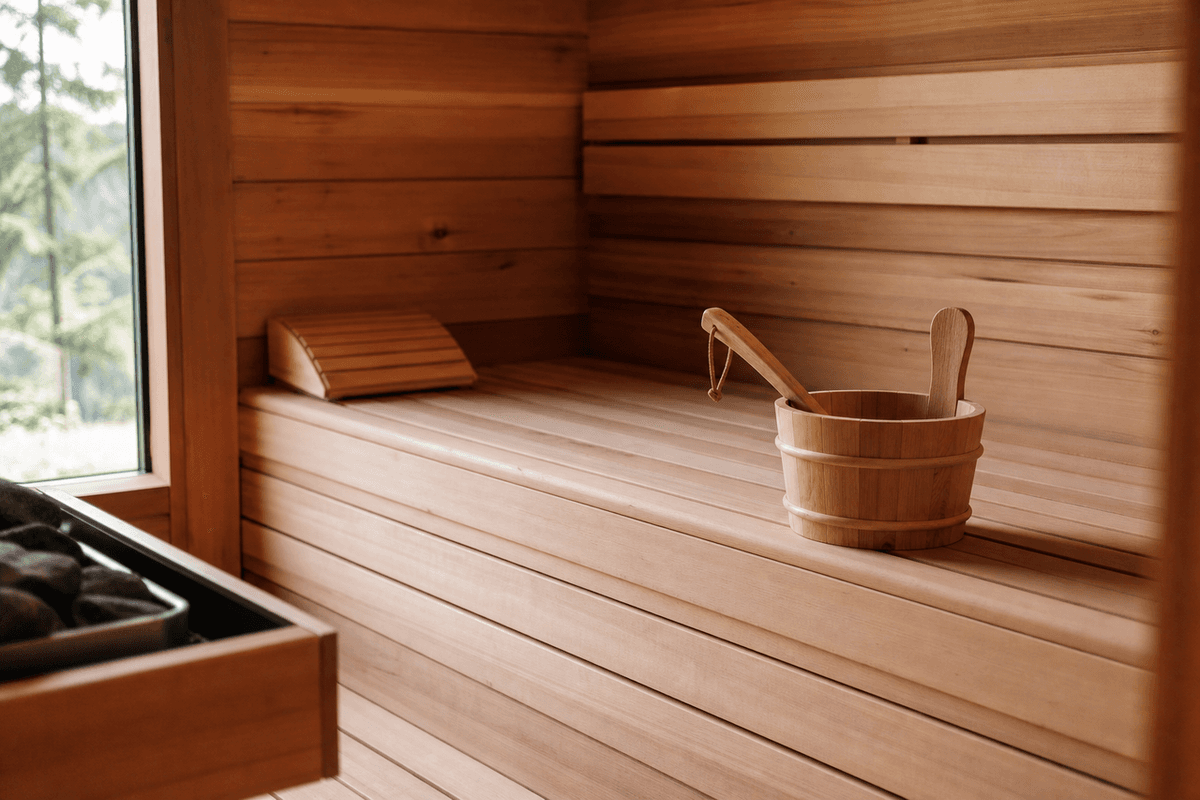 A calm empty cedar sauna interior with a wooden bucket and ladle on the bench