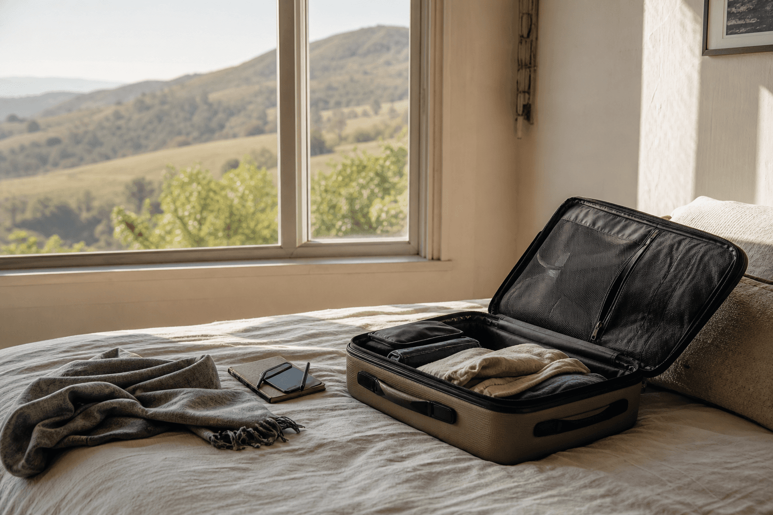 An open suitcase with simple travel things on a sunlit bed beside a window looking out to quiet hills
