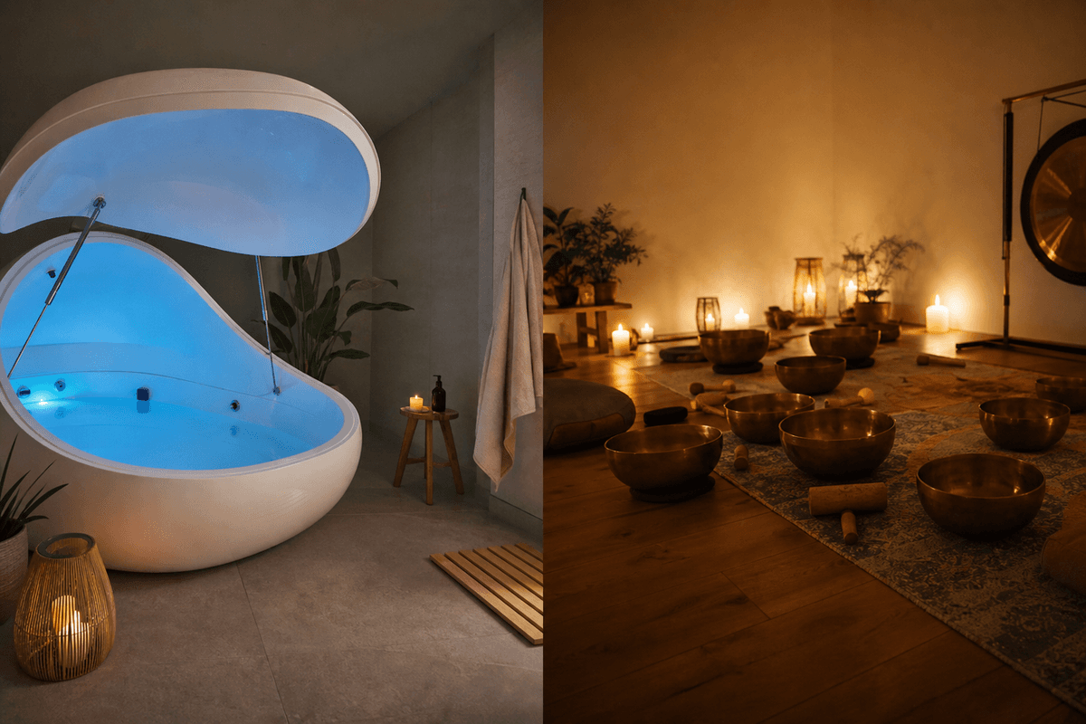 A float tank on one side and singing bowls in a candlelit studio on the other