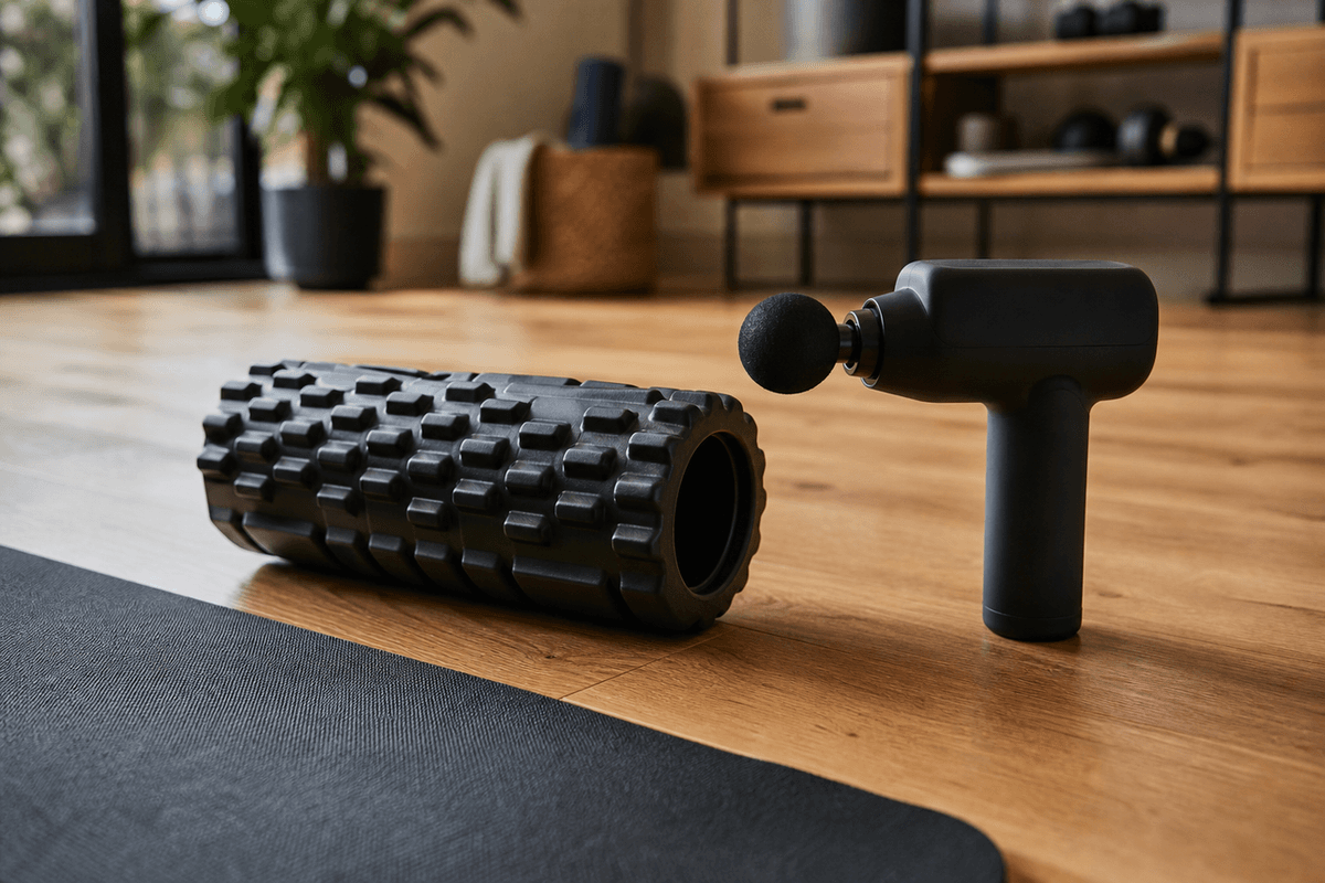 A foam roller and a percussion massage gun side by side on a wooden floor beside a mat