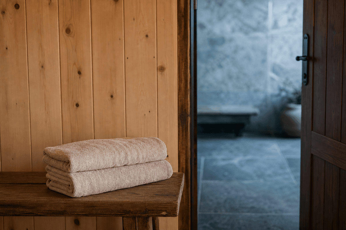Two towels folded on a wooden bench beside an open door to a cool room