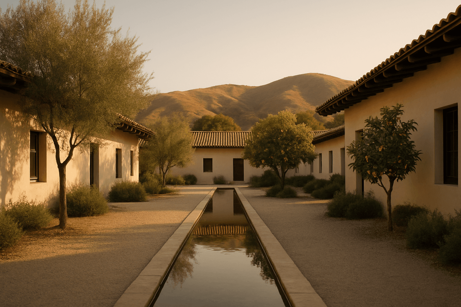 A quiet Southern California retreat courtyard at golden hour with olive trees and a still reflecting channel