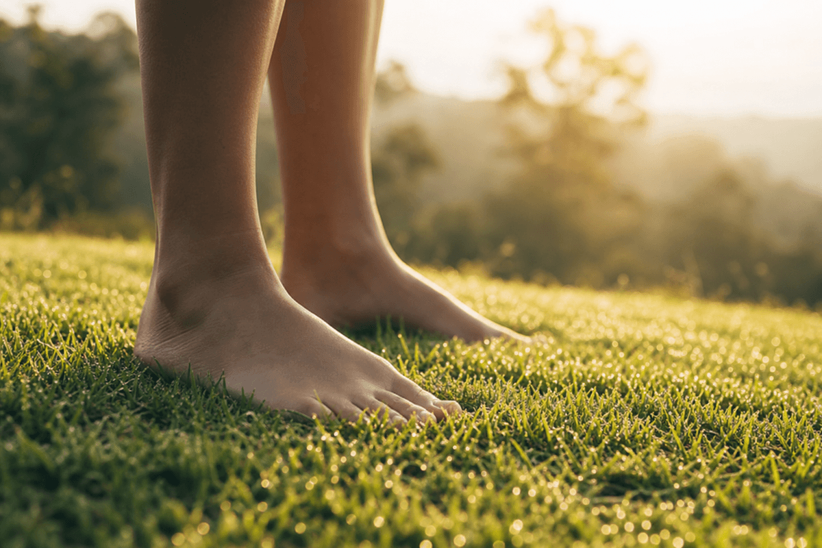 Bare feet standing on dewy morning grass in soft golden light