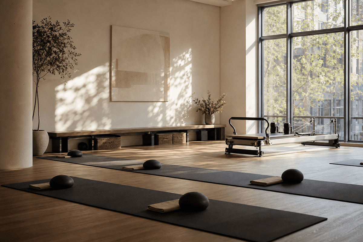 An empty studio with mats laid out in rows and a single reformer by the window in morning light