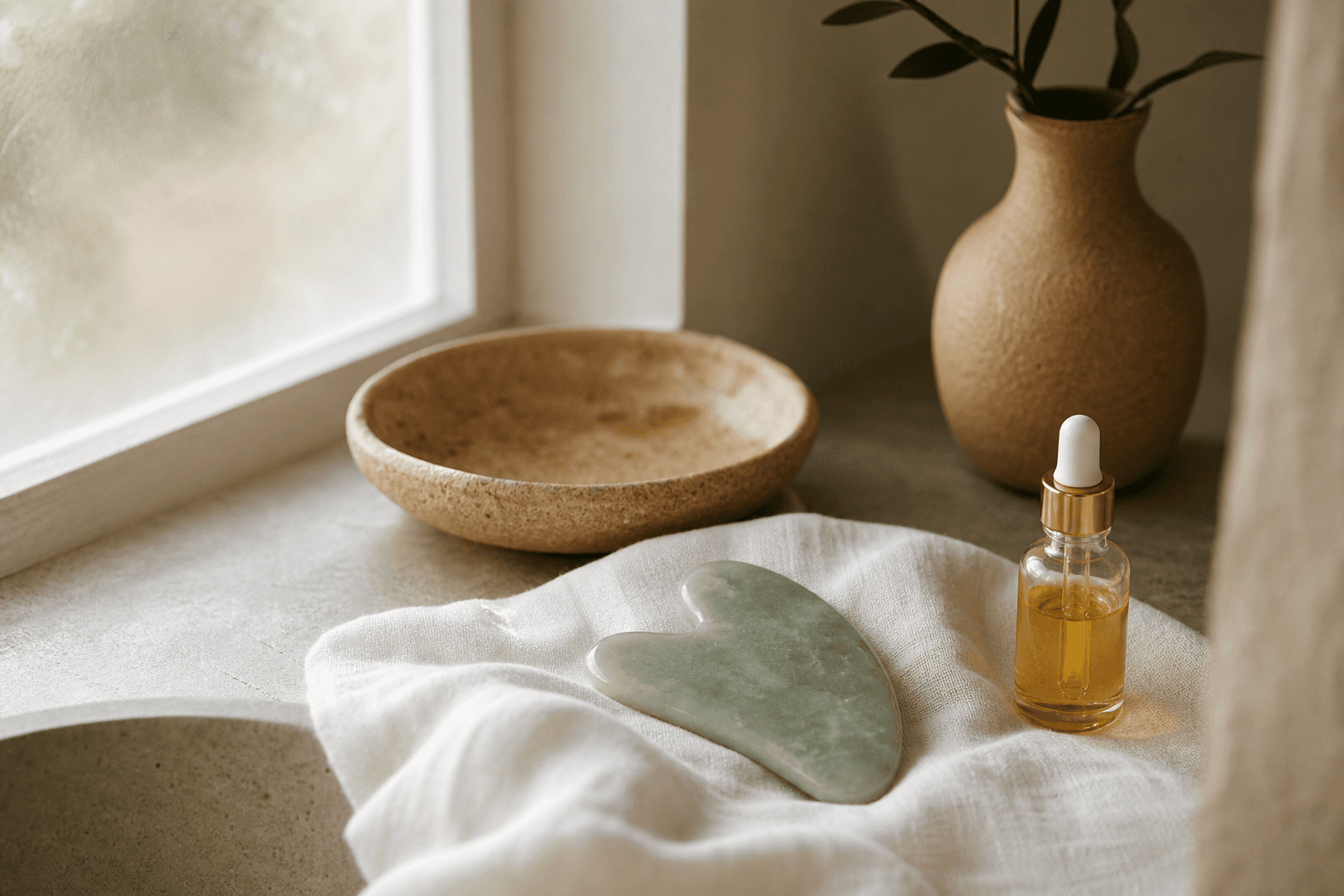 A jade gua sha tool resting on a white linen cloth beside a small glass bottle of facial oil, soft natural light through a frosted window, minimalist spa setting