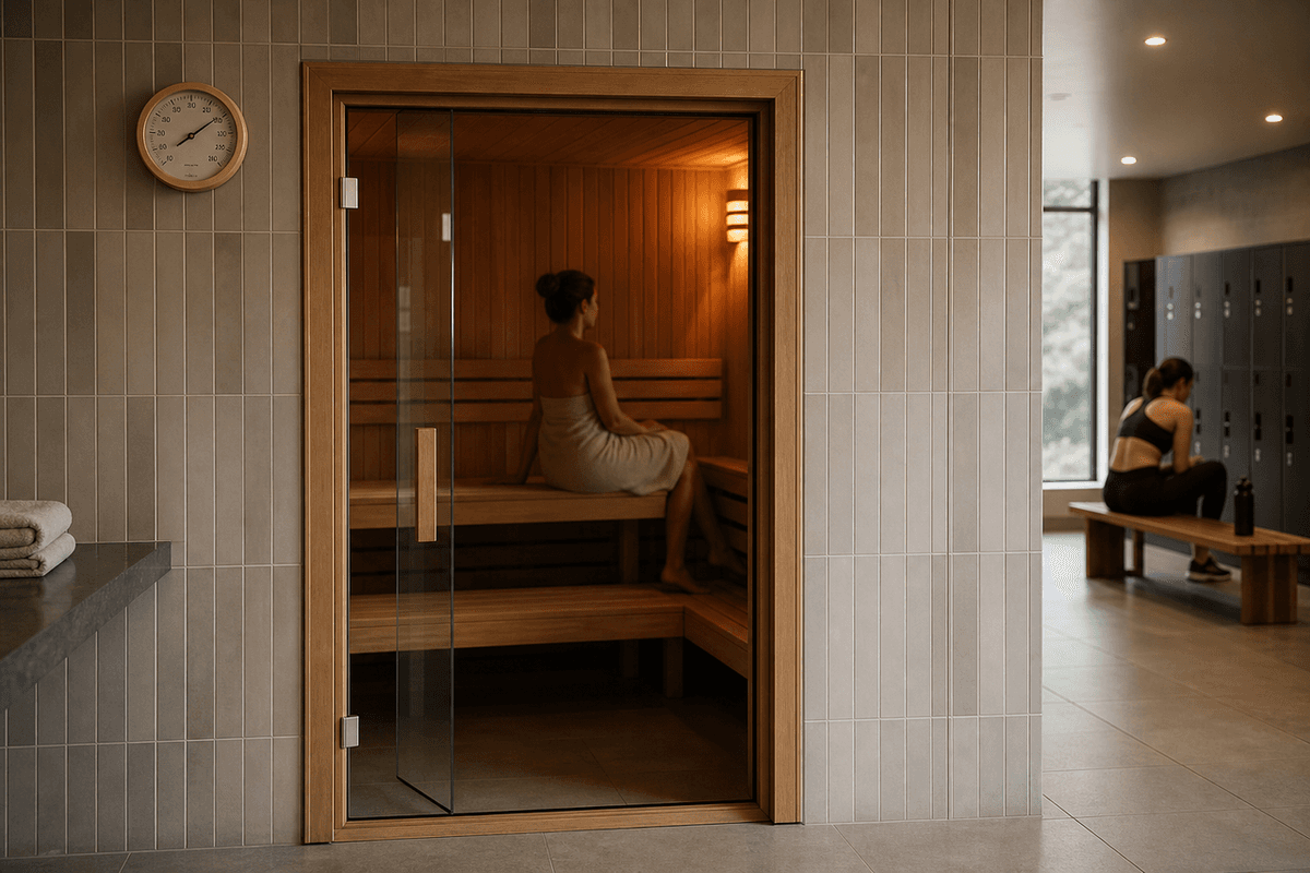 A small tiled sauna room in a gym locker area with a wall thermometer