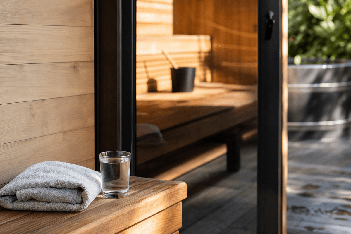 A glass of water and a folded towel on a bench beside a wooden sauna door