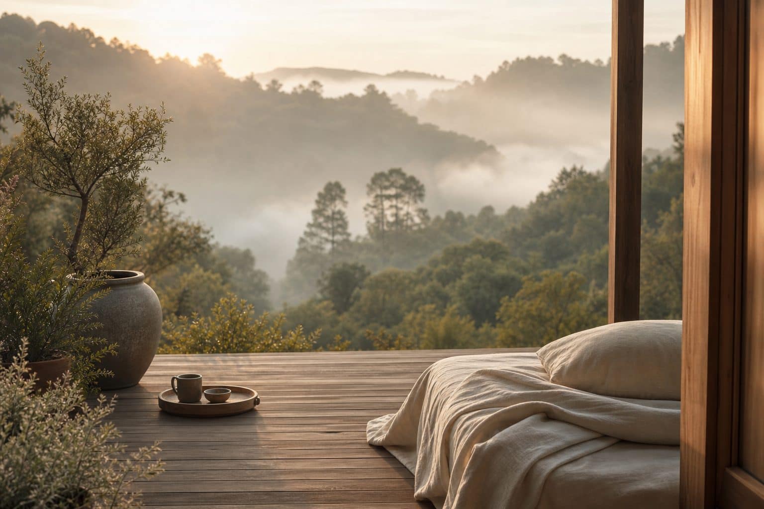 A quiet retreat deck overlooking a misty forest valley at golden dawn