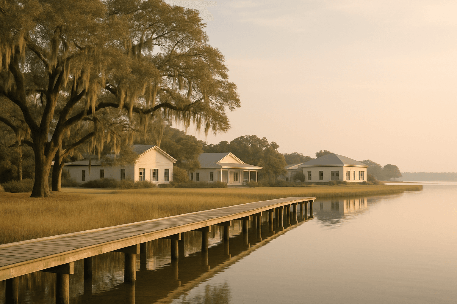 A Lowcountry coastal campus at morning with live oaks, Spanish moss and a boardwalk over salt marsh