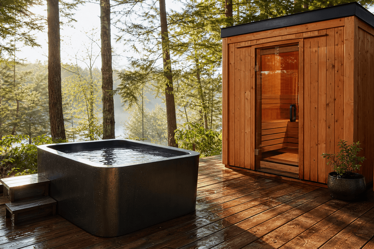 A simple backyard cold plunge tub and a small cedar sauna on a wooden deck in morning light