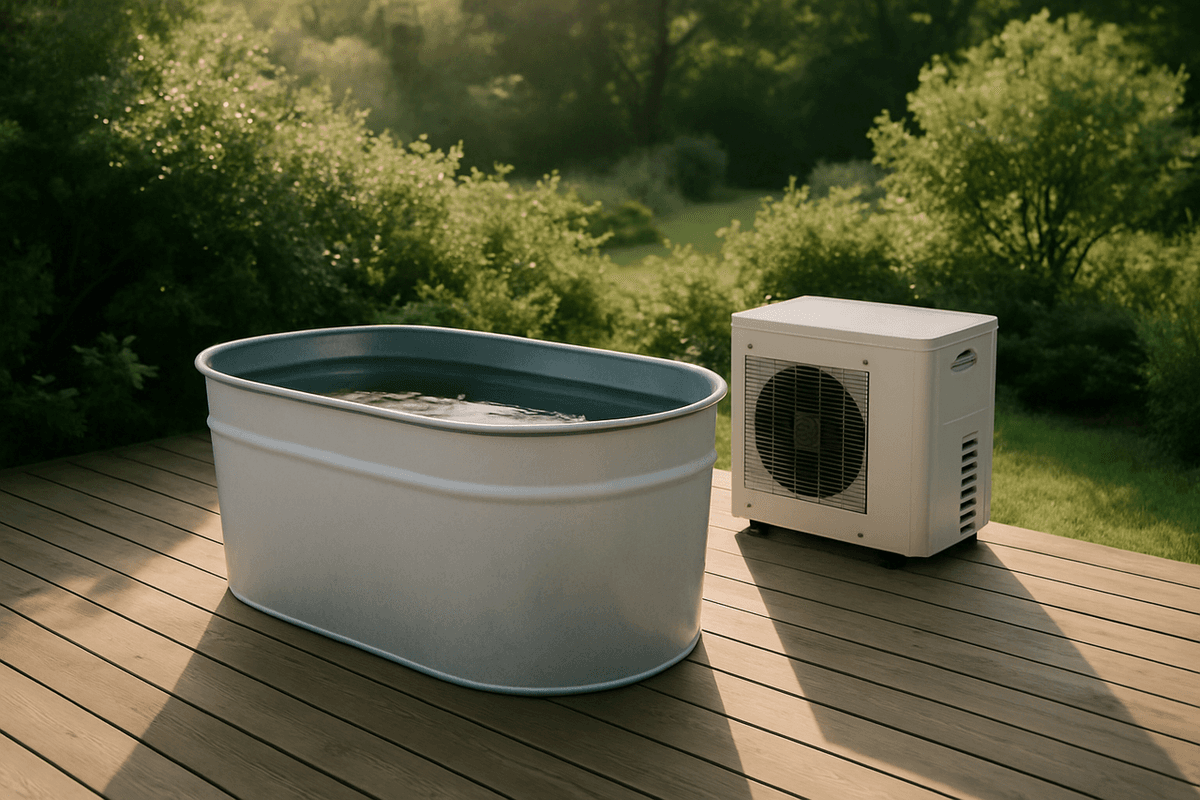 A cold plunge tub on a wooden deck beside a small chiller unit in morning light