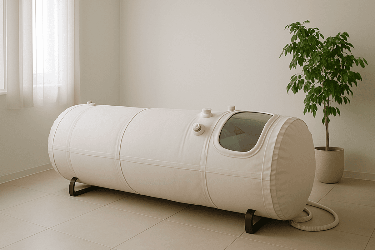 A soft-sided hyperbaric chamber in a quiet clinic room with natural light