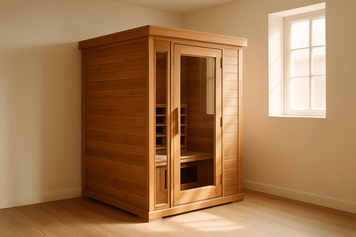 A small cedar infrared sauna cabin in the corner of a bright home room