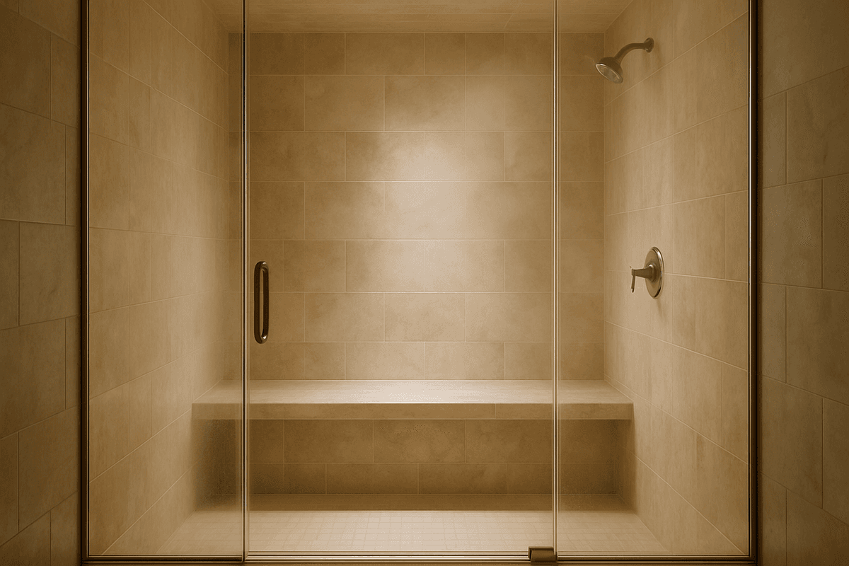 A tiled steam shower enclosure with a glass door and soft light