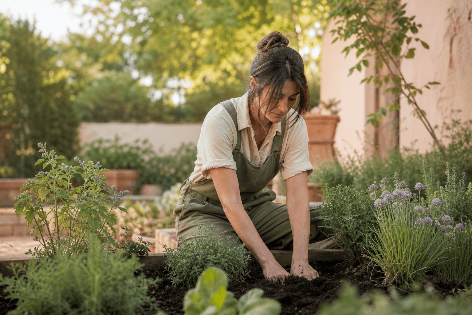 A person kneeling in a raised garden bed, hands in dark soil, surrounded by green herbs and flowering plants in a sunny therapeutic garden, soft natural light, calm and purposeful mood