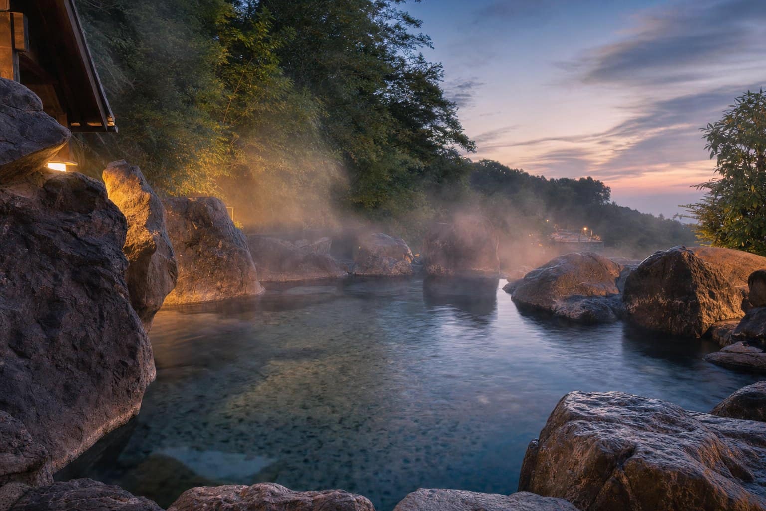 A natural hot spring pool steaming gently in a serene landscape