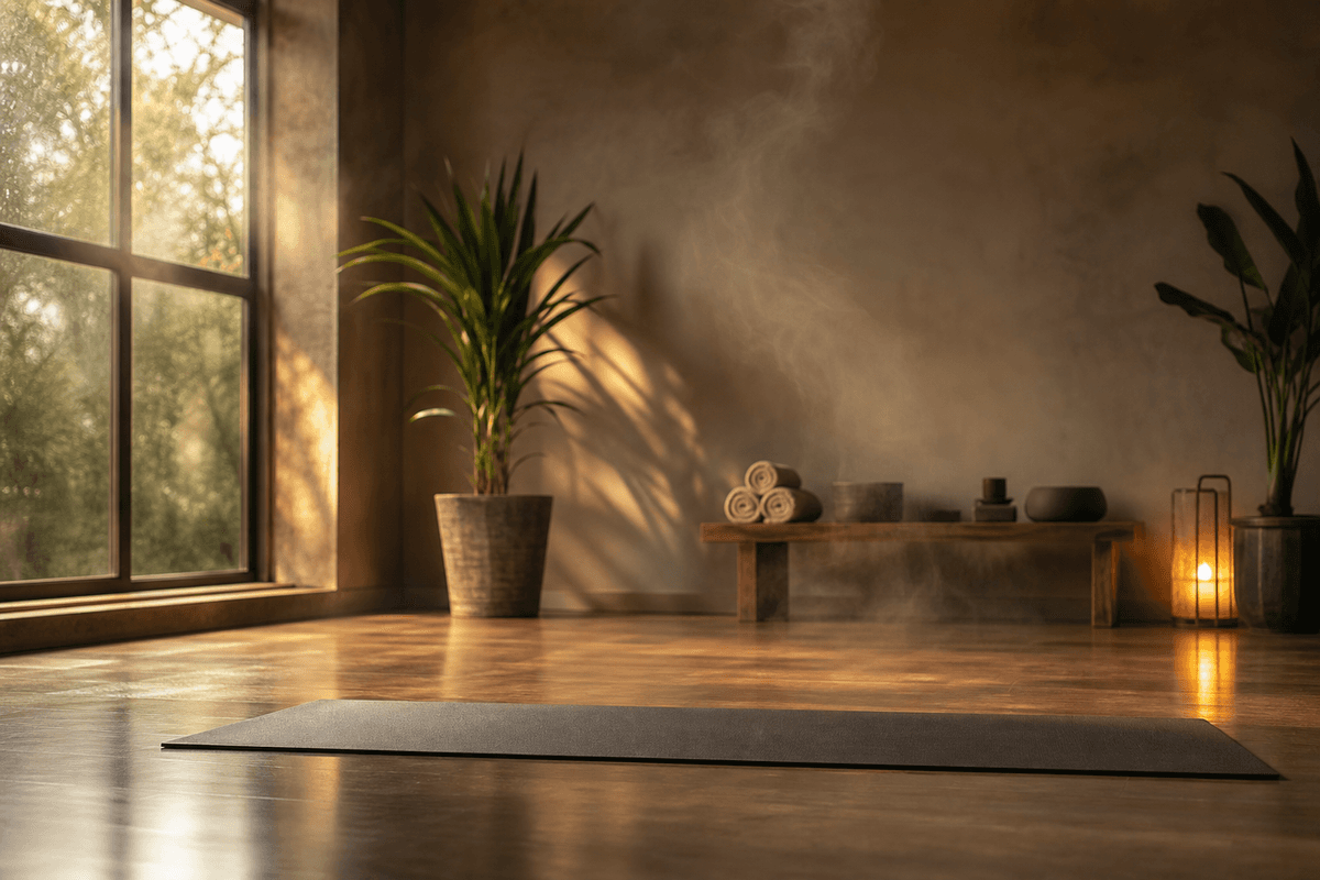 A warm yoga studio with soft light and a single mat, faint steam in the air