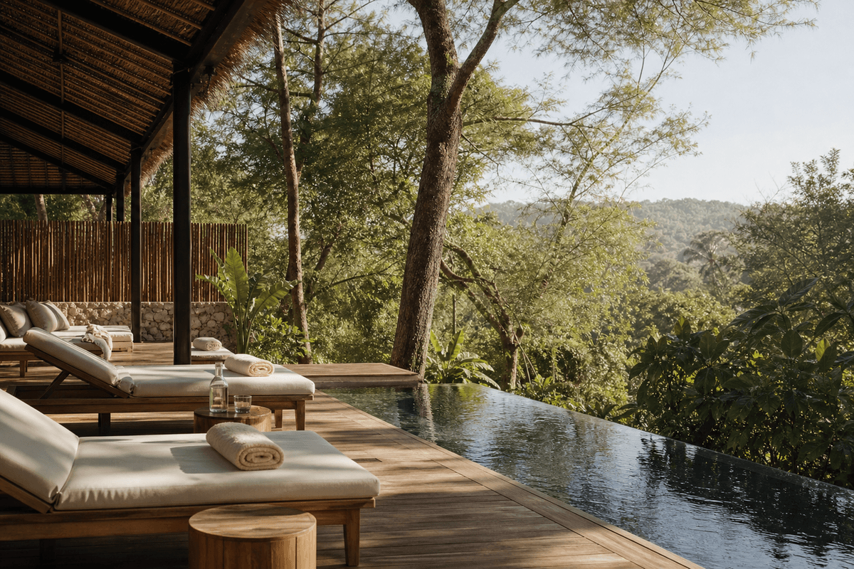 A quiet resort terrace with loungers overlooking trees in soft afternoon light