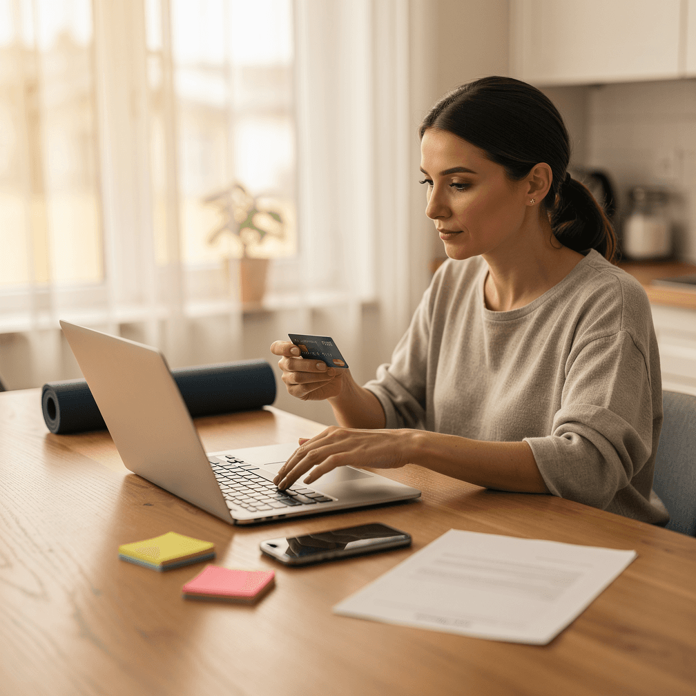 A laptop open to a retreat booking page beside a notebook and a cup of tea