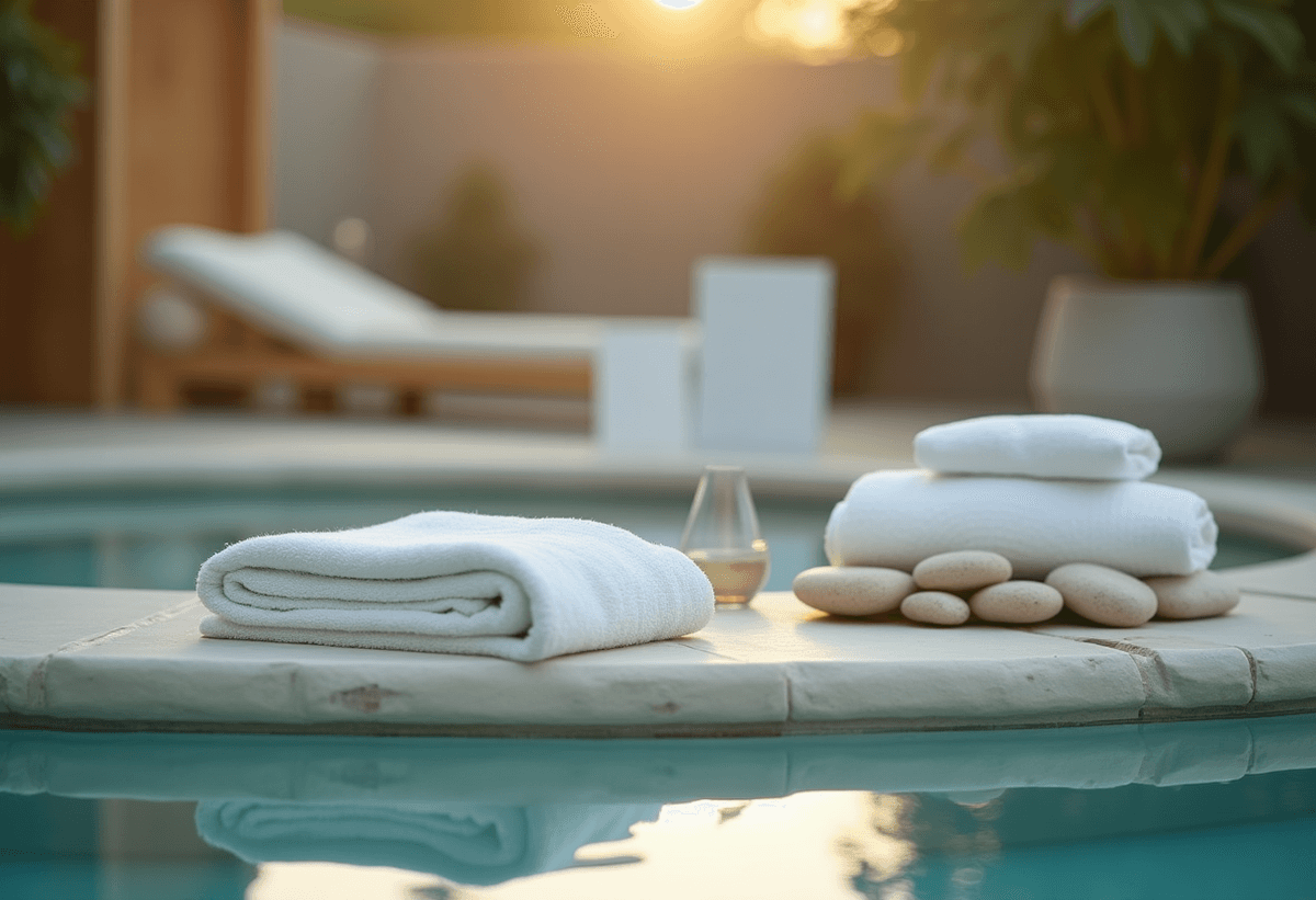 A serene spa pool with folded linens and warm wood at a premium wellness retreat