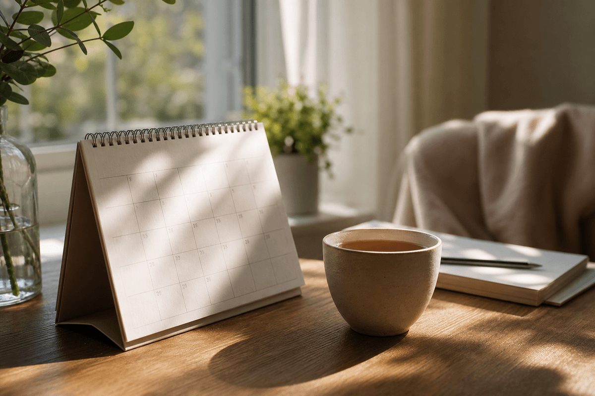 A calendar and a cup of tea on a wooden table in soft morning light