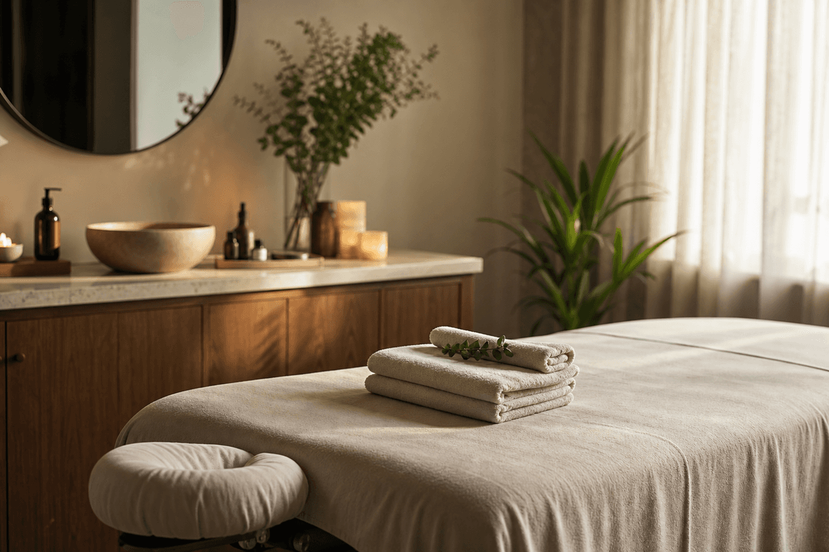 A neatly made massage table with folded towels in a calm treatment room