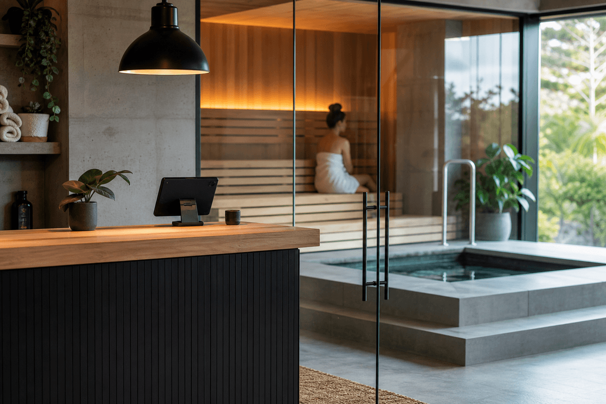 A studio front desk with a price board beside a glass wall showing a sauna and plunge tub