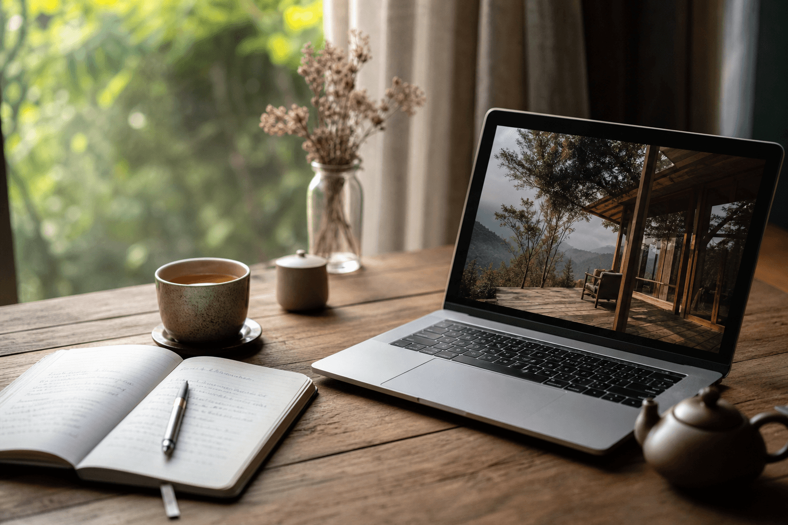 A calm desk scene with a notebook, a cup of tea, and a laptop showing a quiet retreat website, warm natural light