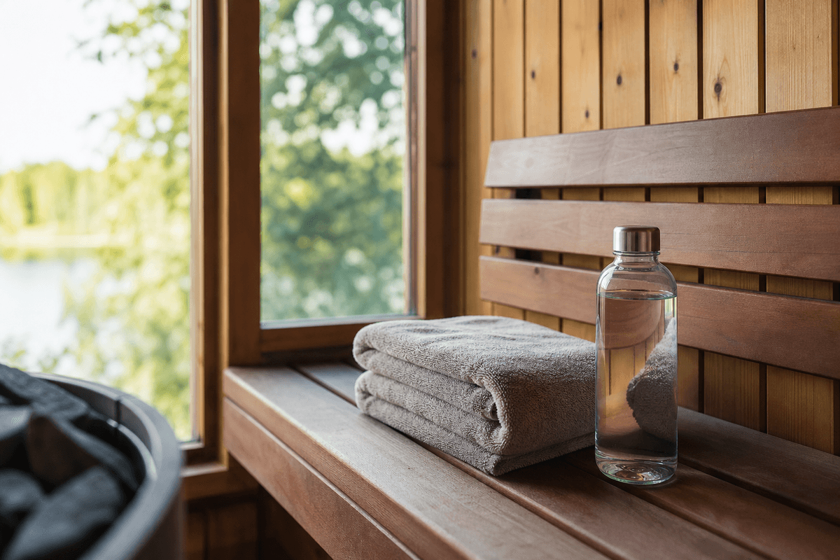 A calm weekly wellness routine scene: a folded towel, a water bottle, and a wooden sauna bench in soft light