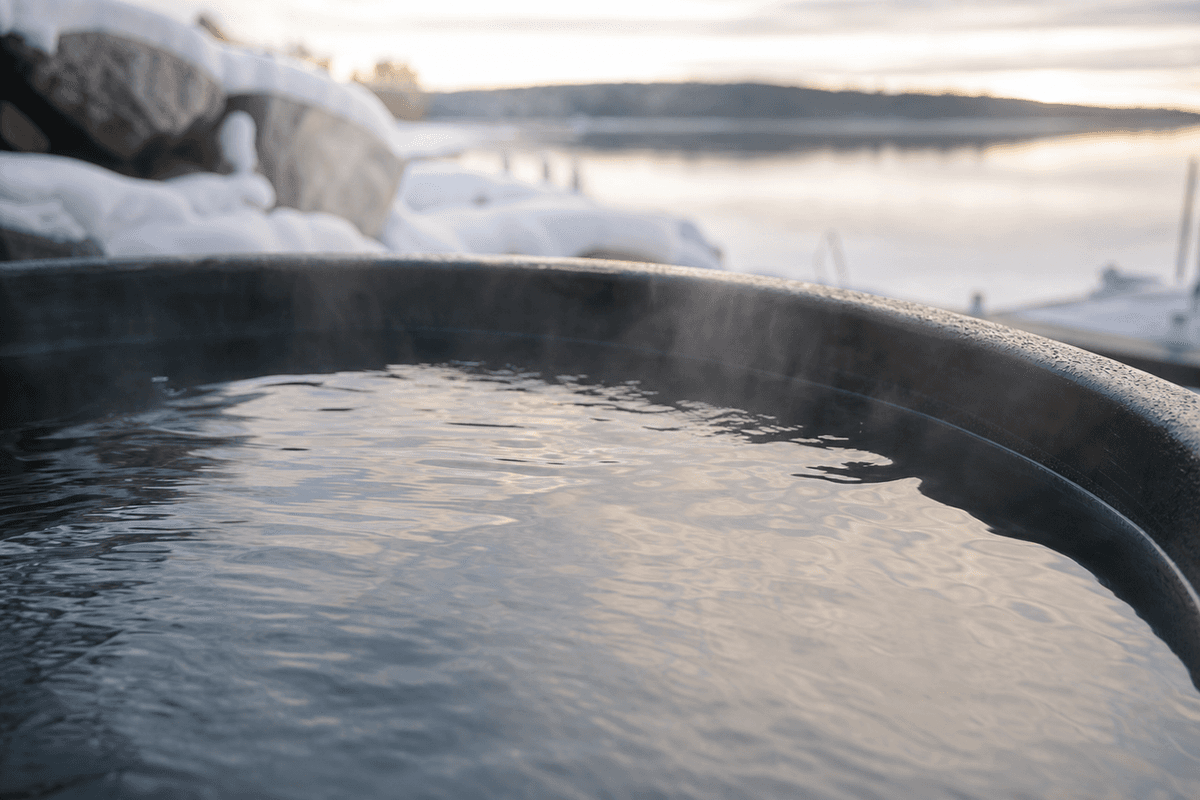 Close view of calm water in a cold plunge tub with soft steam and morning light