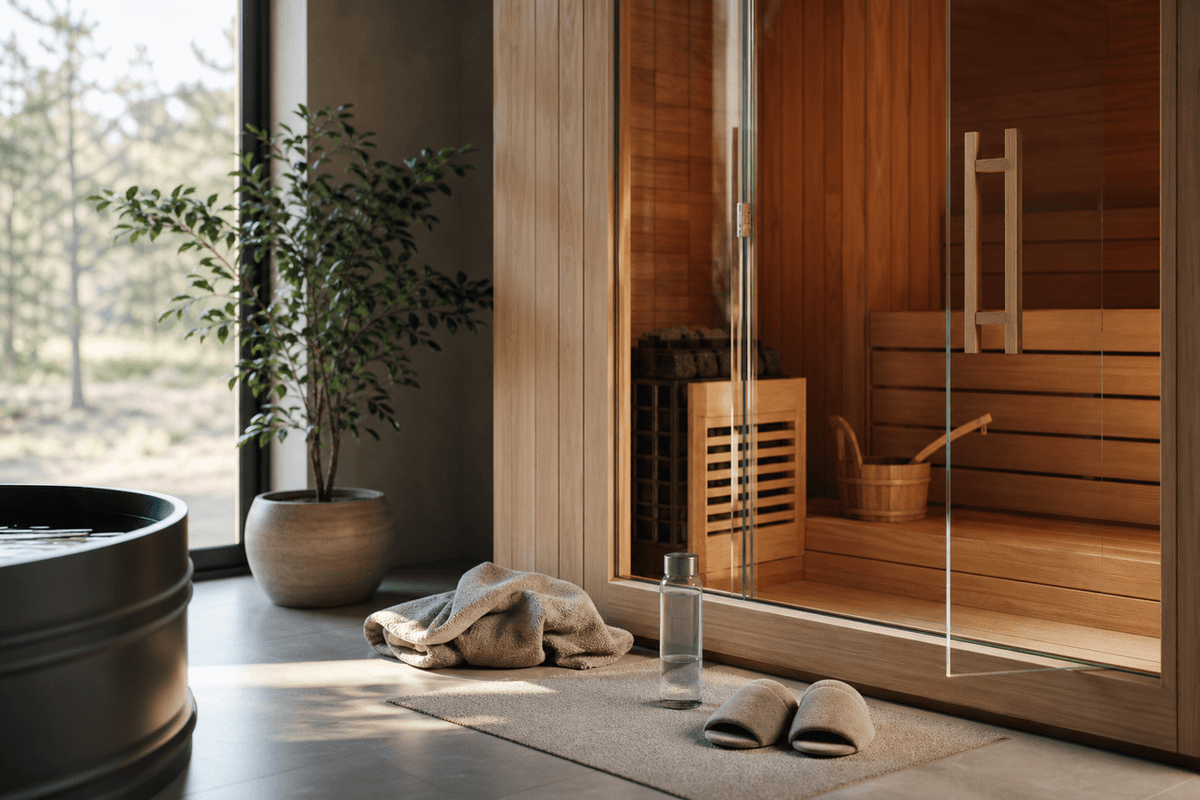 A tidy home wellness corner with a towel, water bottle and slippers by a small sauna in morning light