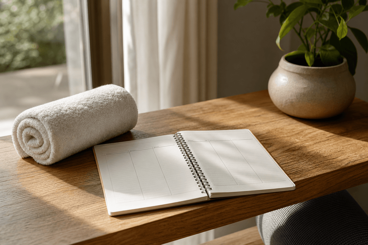 A simple weekly planner and a rolled towel on a wooden table in calm morning light