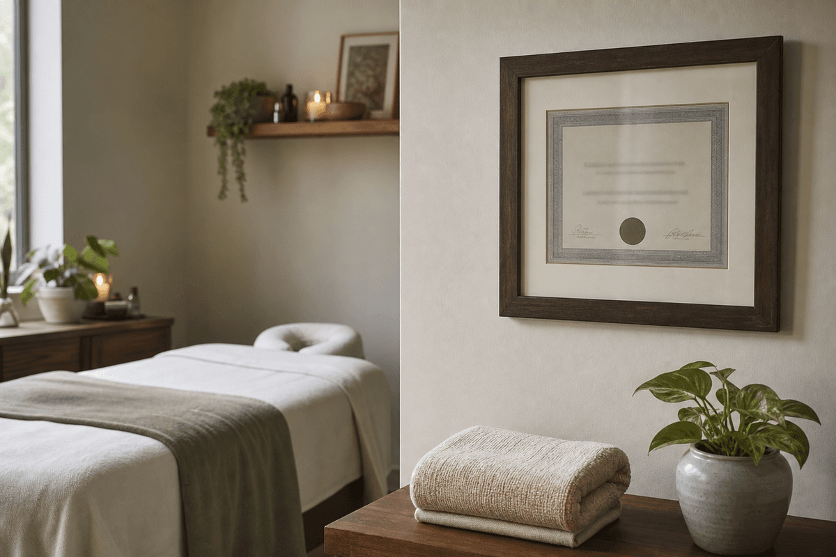 A framed certificate on a treatment room wall beside a folded towel and a small plant, softly lit