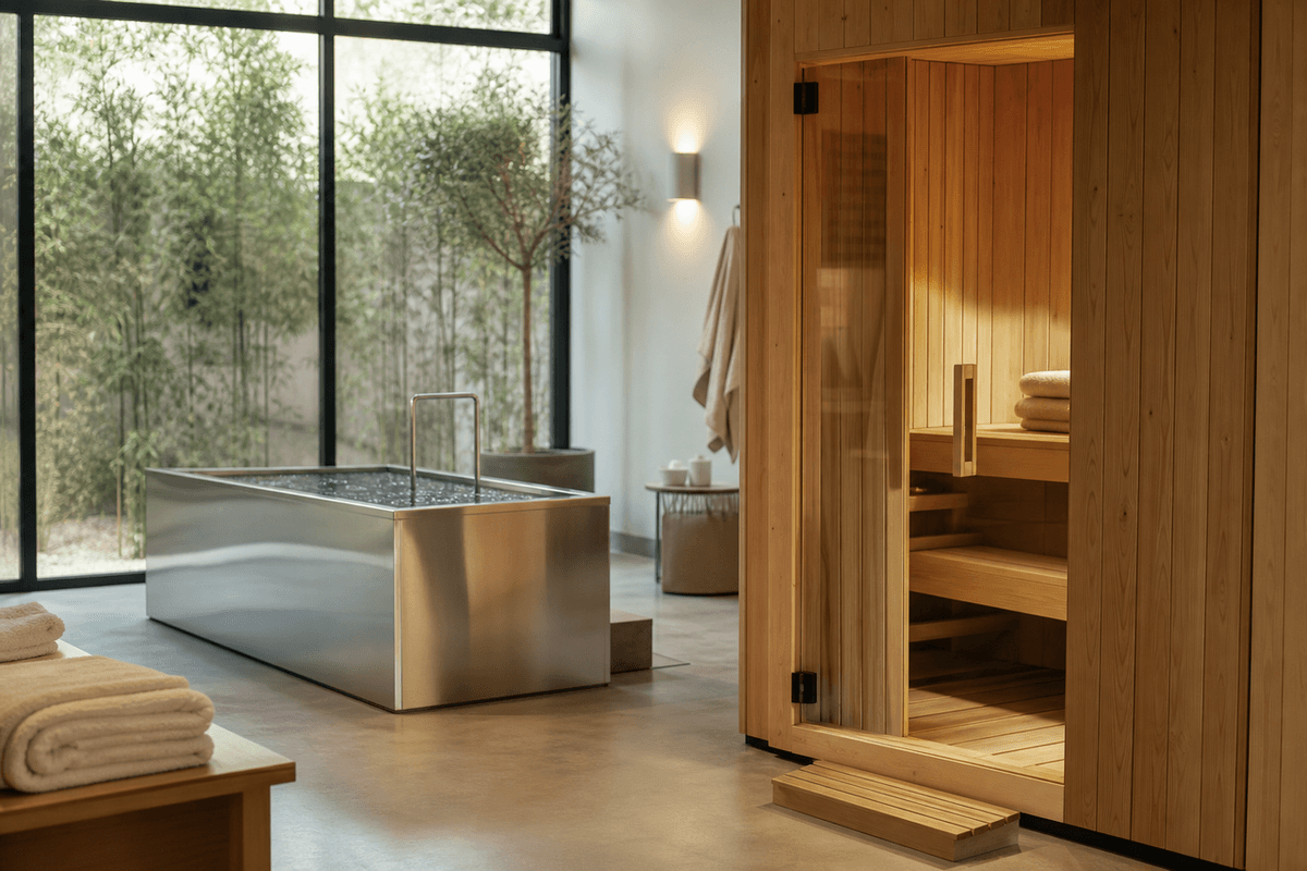 A clean, well-lit recovery studio with a wooden sauna cabin and a stainless cold plunge tub, towels folded on a bench