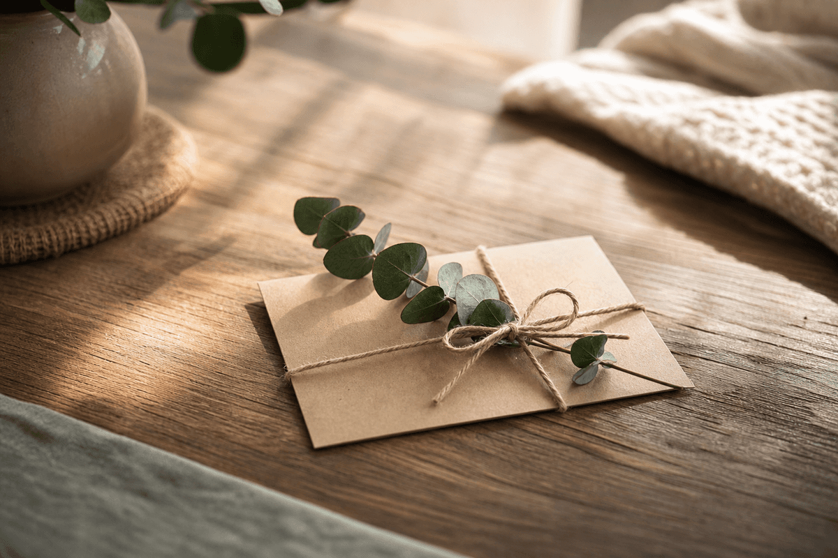 A simple gift card and a sprig of eucalyptus tied with twine on a wooden table in soft light