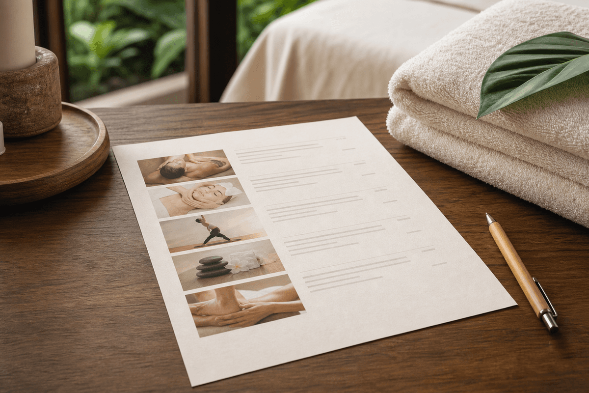 A printed treatment list on a wooden counter beside a folded towel and a pen