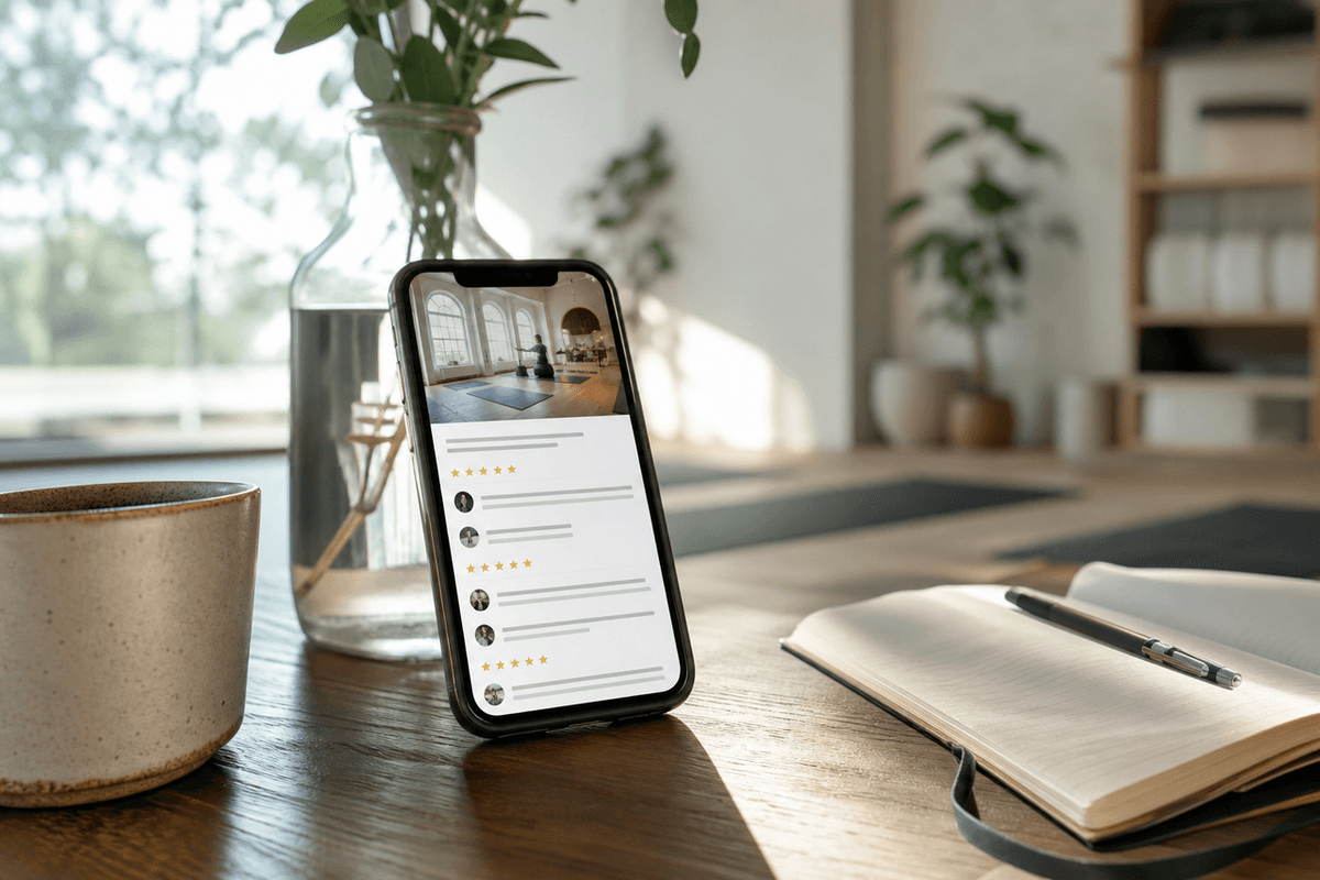A phone showing a review page on a cafe table beside a notebook and a cup, soft daylight